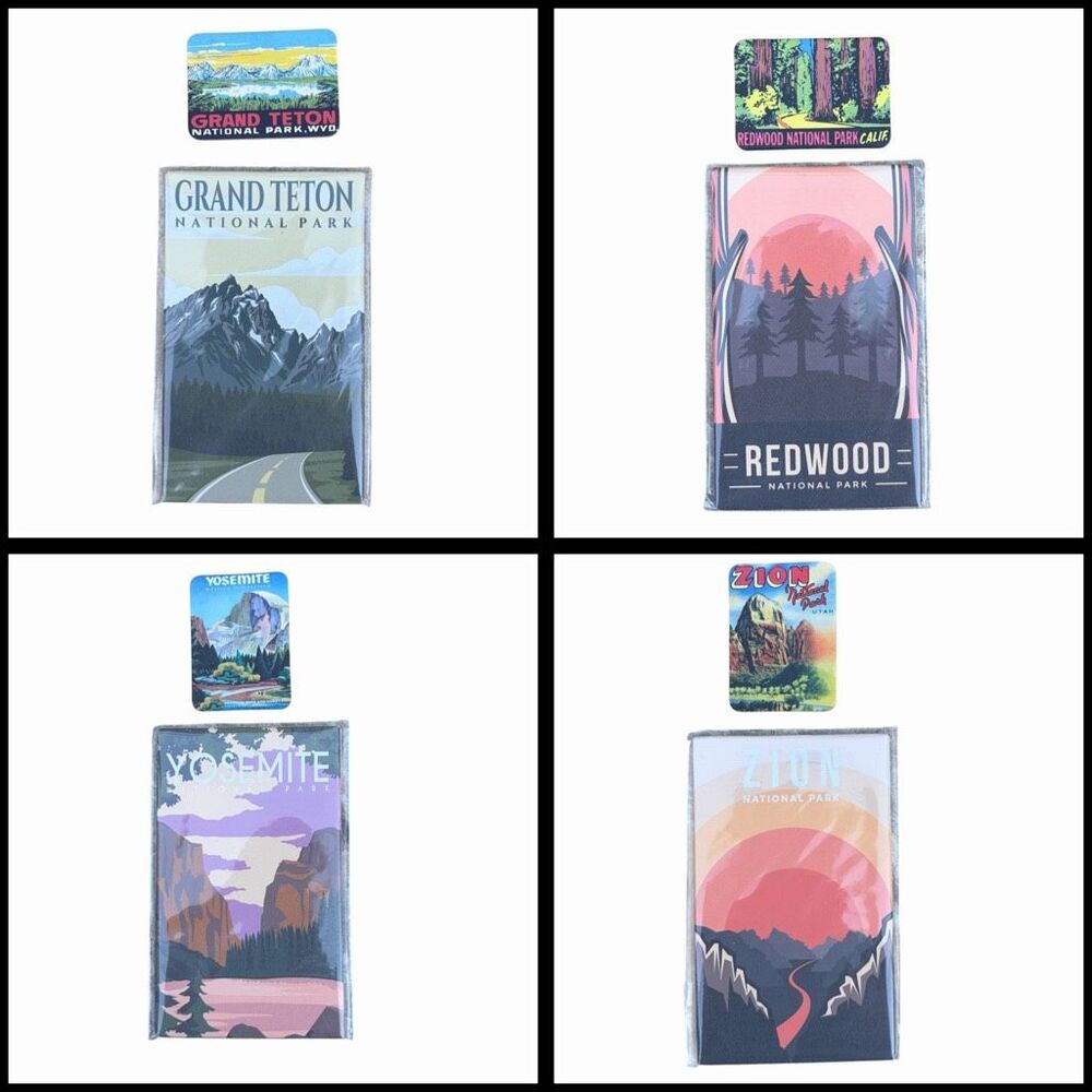 Set of 8 National Park Magnets Yosemite, Grand Teton, Redwood, Zion New Outdoors